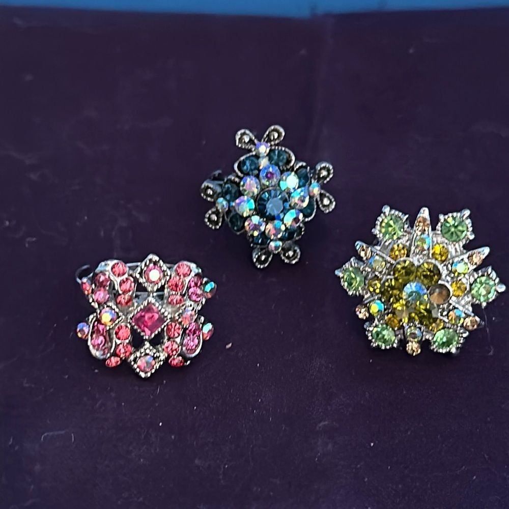 Oversized Adjustable Rings Colored Stone Silvertone Costume Jewelry Statement